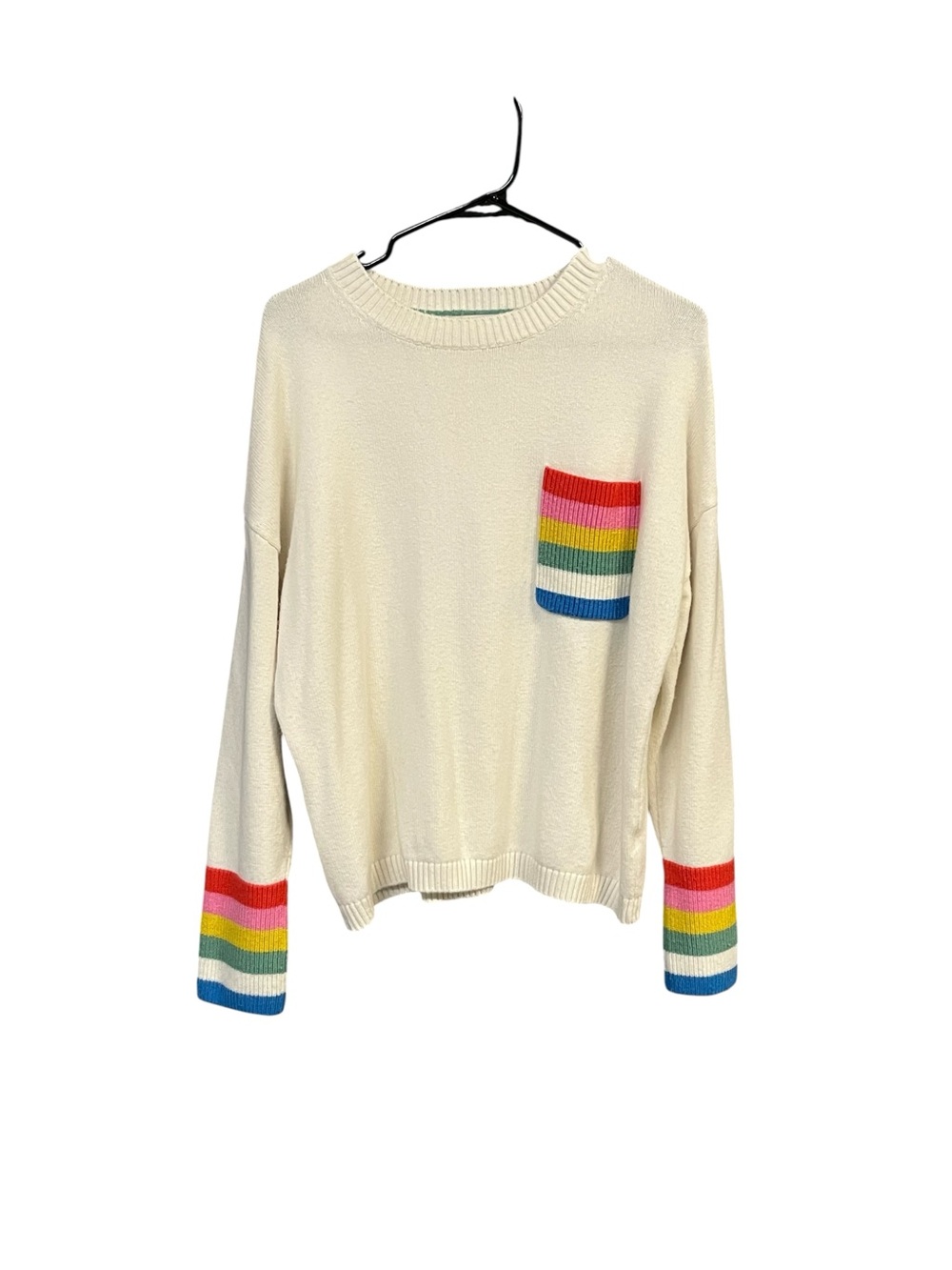Boden Rainbow Cuff Sweater Women’s 10 Cream Preppy Coastal Colorful Knit